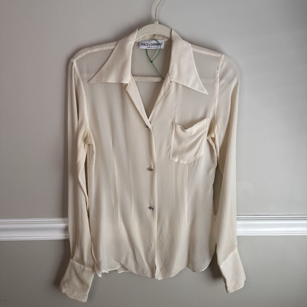 Vtg 90s Dolce & Gabbana Sheer Ivory Blouse IT 42 Italy Point Collar Rhinestone